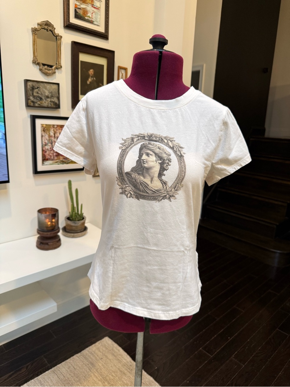 Maeve | Anthropologie White Short Sleeve Tee with Classical Portrait Medallion - Picture 9 of 11